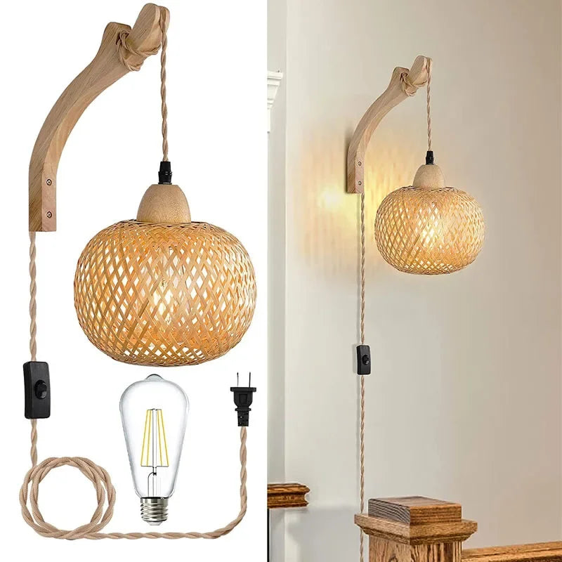 Bohemisk Vägghängd Lampa Rustik Trä Wan