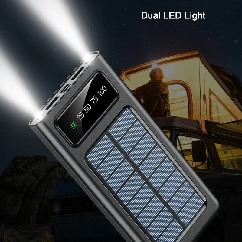 Carvallo Solar Powerbank | 10.000/20.000 mAh | Snabbladdningsfunktion & 4 integrerade kablar | För iPhone, Samsung, Huawei & mer