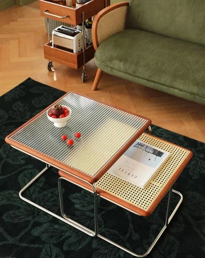 Solvia Cane | Rund soffbord av rotting med glasbordskiva i mid-century stil