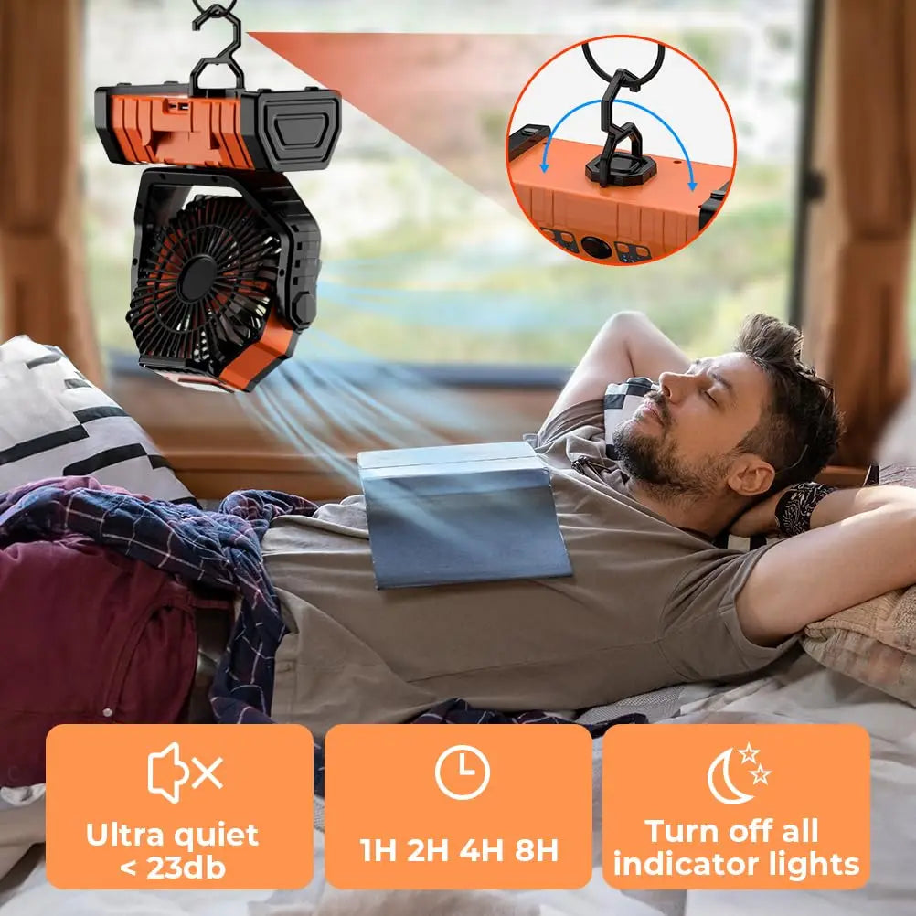 20000mAh uppladdningsbar campingfläkt med LED-lampa och USB-strömbank
