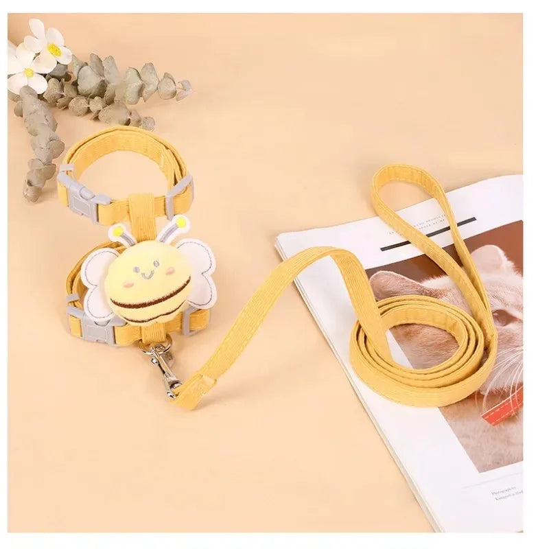 Carvallo | Justerbart sele-set med koppel & halsband | Dubbellagsdesign i tecknad bi-stil | För katter & små hundar