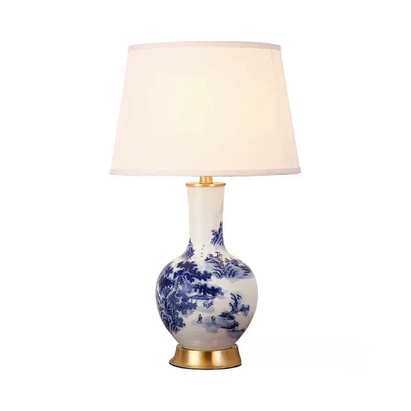 LumiChinois - Keramisk Bordslampa i Chinoiserie Stil med Textil Lampskärm