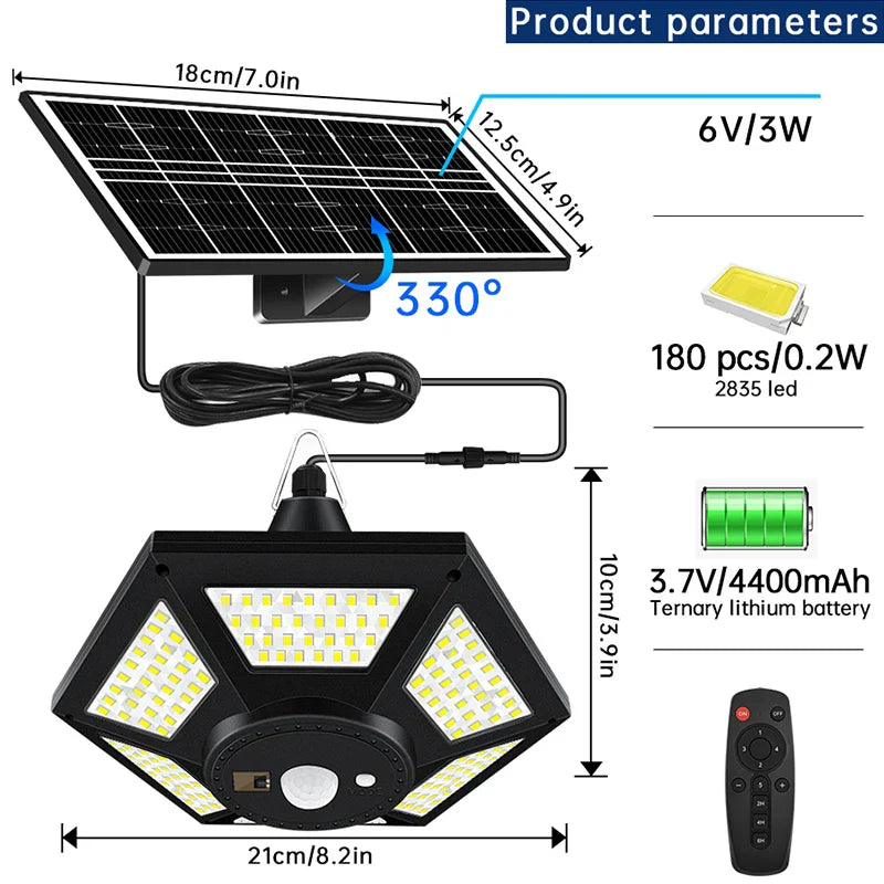 Carvallo LuminoDrop Solhängande lampa med 180 LED &amp; fjärrkontroll | Rörelsesensor &amp; 5 lägen | För terrass, garage &amp; ladugård
