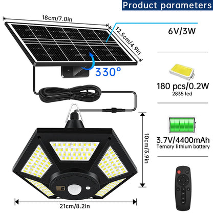 Carvallo LuminoDrop Solhängande lampa med 180 LED &amp; fjärrkontroll | Rörelsesensor &amp; 5 lägen | För terrass, garage &amp; ladugård