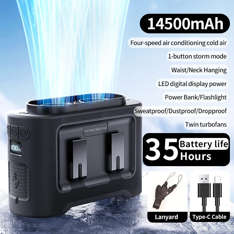 Carvallo StormClip Bärbar Utomhus-Bältesfläkt 2025 | 5-stegs Turbo-Vind | 360° Vridklipp | Powerbank & LED-ljus