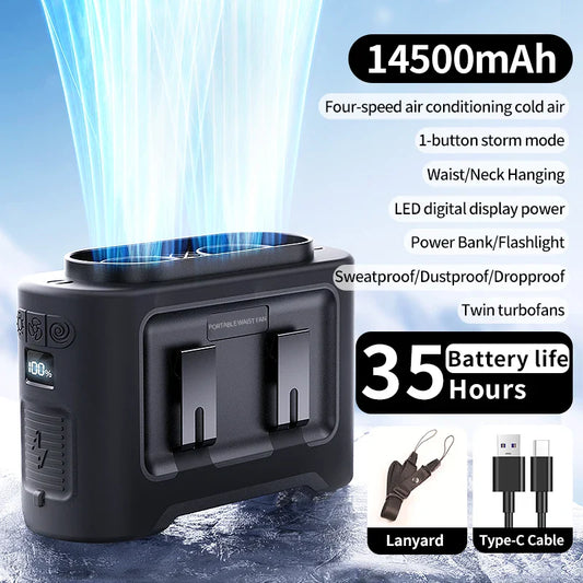 Carvallo StormClip Bärbar Utomhus-Bältesfläkt 2025 | 5-stegs Turbo-Vind | 360° Vridklipp | Powerbank & LED-ljus