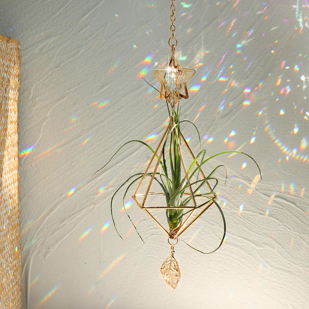 Carvallo Geometrisk Växtställ | Guld Hängande Airplant Hållare | Dekorativ Suncatcher med Kristall för Hem & Trädgård