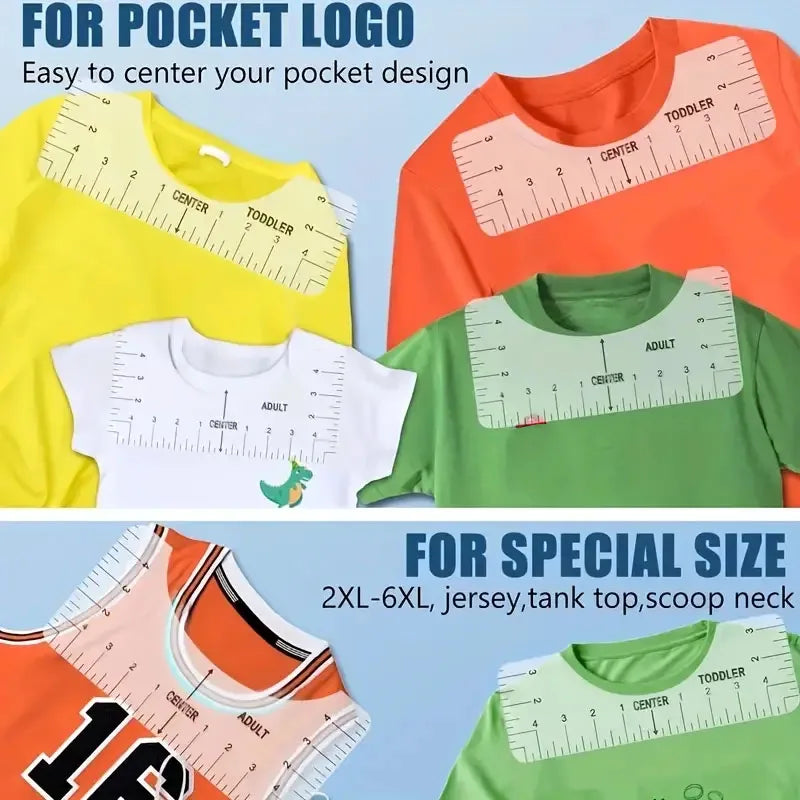 Carvallo T-Shirt Justeringslinjaler i set | 4/8 styck | Flexibelt PVC-mätsverktyg för textiltryck & sömnadsarbeten | För vuxna & barnstorlekar