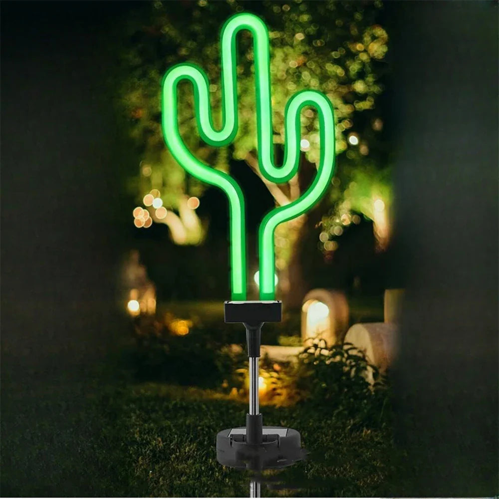 Carvallo NaturDécor Solar-Neon-Trädgårdslampa Kaktus & Flamingo | LED Jordspett IP65 Vattentät