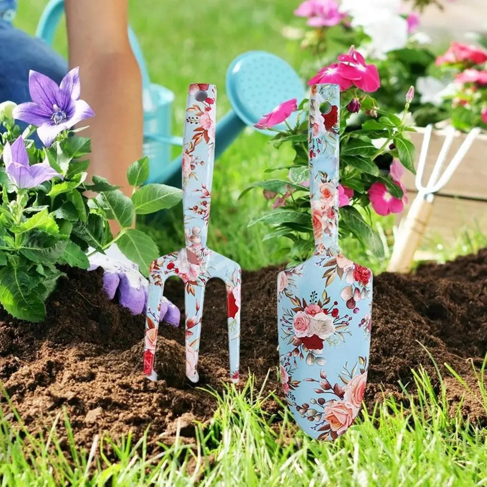 Carvallo GardenSet Trädgårdsverktygssats i rostfritt stål | 2-delad: Handskovel & Blomgaflar | 26–29,5 cm | Blommönster i 6 färger