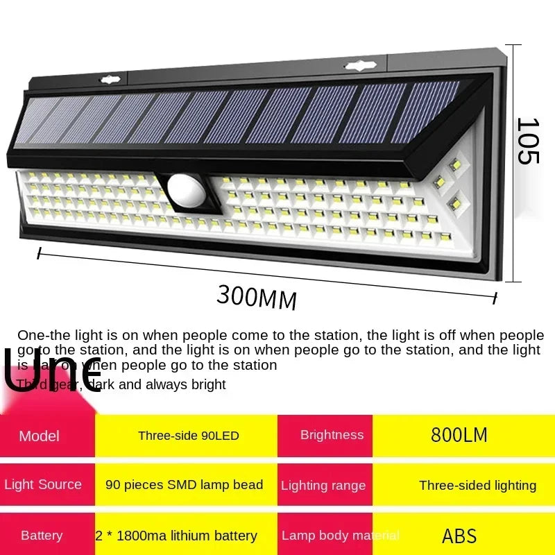 Carvallo 90 Solar Vägglampa med rörelsesensor | 90 LEDs | 3 lägen | IP65 Vattentålig | 4400 mAh Batteri | Utomhusbelysning för trädgård, terrass & gård