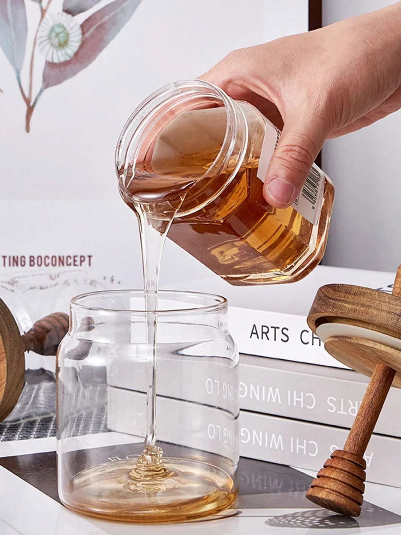 Carvallo Honungsglas med trälock & rörpinne | Lufttät förvaringsbehållare av glas | Transparent honungsbehållare för kök & frukostbord