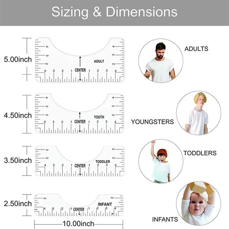Carvallo T-Shirt Justeringslinjaler i set | 4/8 styck | Flexibelt PVC-mätsverktyg för textiltryck & sömnadsarbeten | För vuxna & barnstorlekar