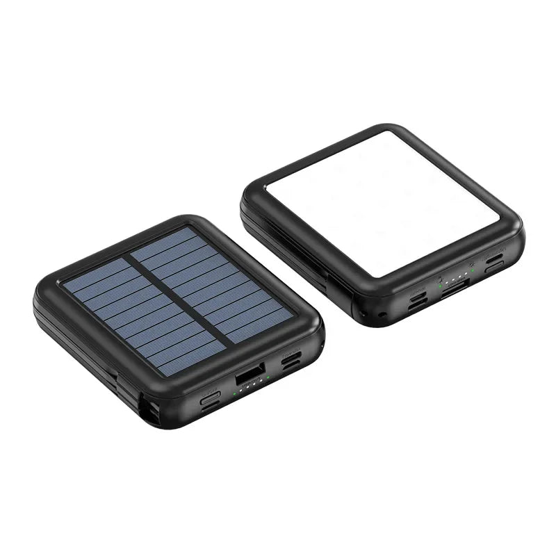Carvallo Powerbank ENERIVIA Mini 20000mAh | Integrerade kablar | Solarladdning & LED-lampa | 4 utgångar & 3 ingångar | Snabbladdningsfunktion