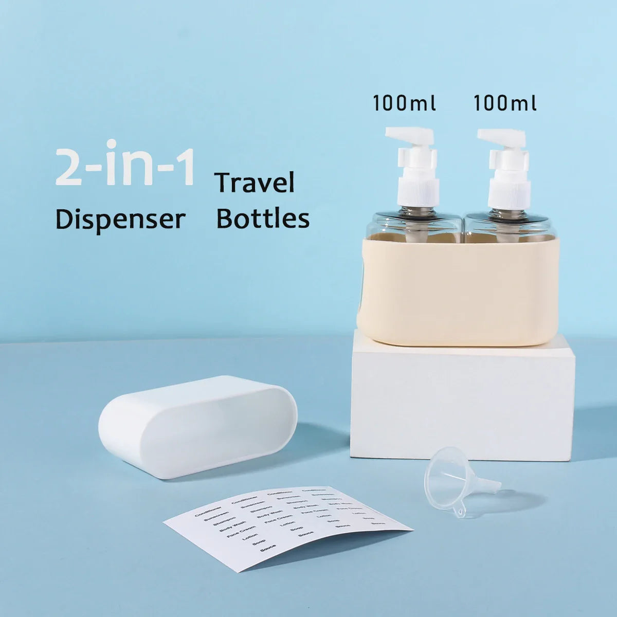 Carvallo Reseflaskor Set 2-i-1 | 100 ml Kombiflaske med tratt & etiketter | För schampo, duschgel, lotion | Läcksäker & TSA-godkänd