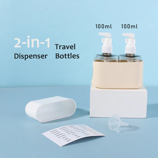 Carvallo Reseflaskor Set 2-i-1 | 100 ml Kombiflaske med tratt & etiketter | För schampo, duschgel, lotion | Läcksäker & TSA-godkänd
