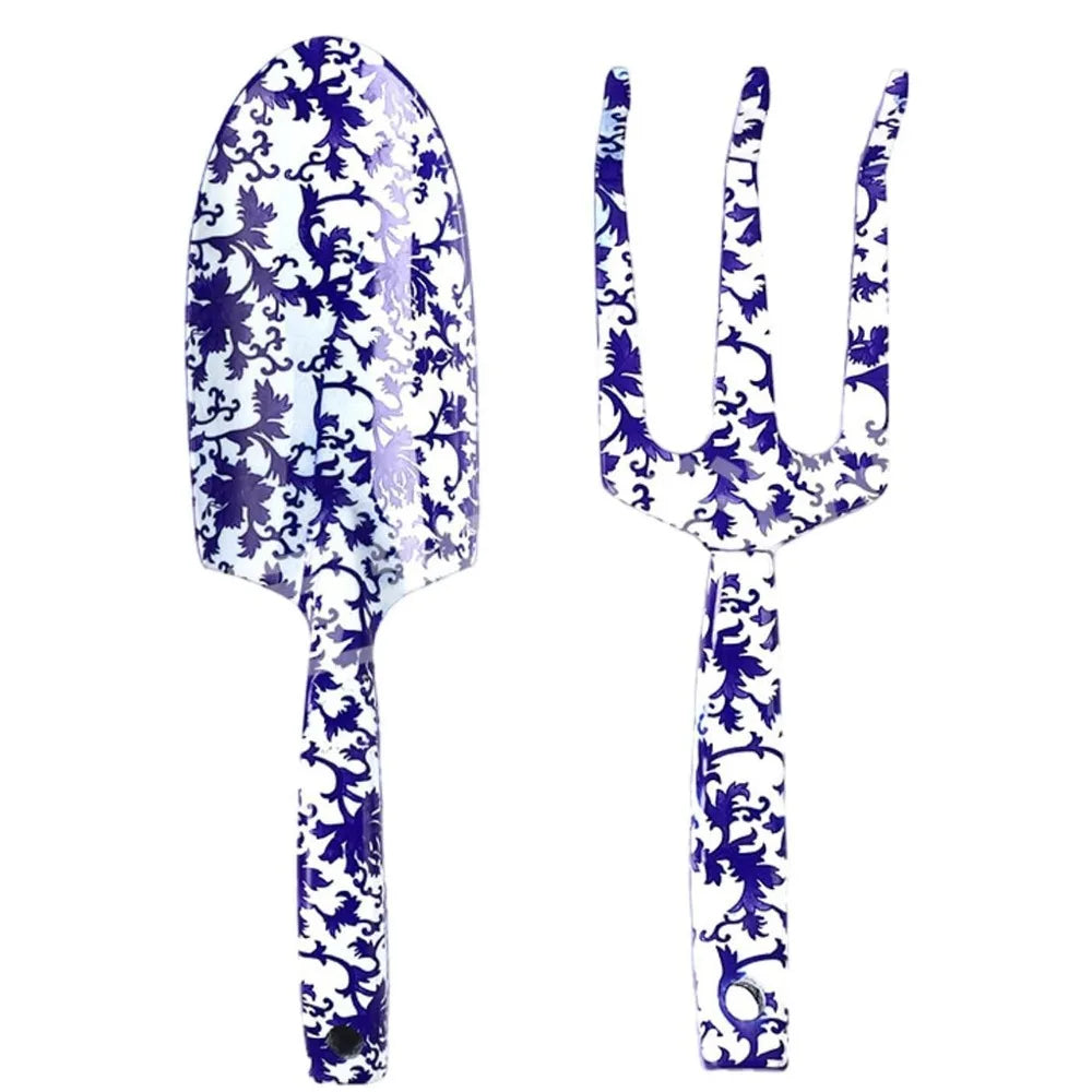 Carvallo GardenSet Trädgårdsverktygssats i rostfritt stål | 2-delad: Handskovel & Blomgaflar | 26–29,5 cm | Blommönster i 6 färger