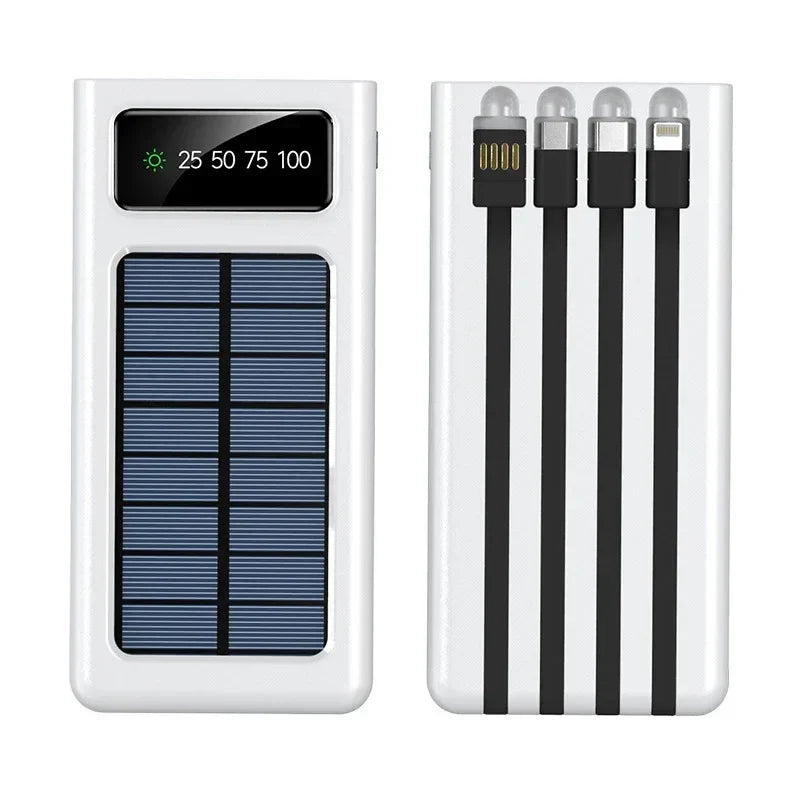 Carvallo Solar Powerbank | 10.000/20.000 mAh | Snabbladdningsfunktion & 4 integrerade kablar | För iPhone, Samsung, Huawei & mer