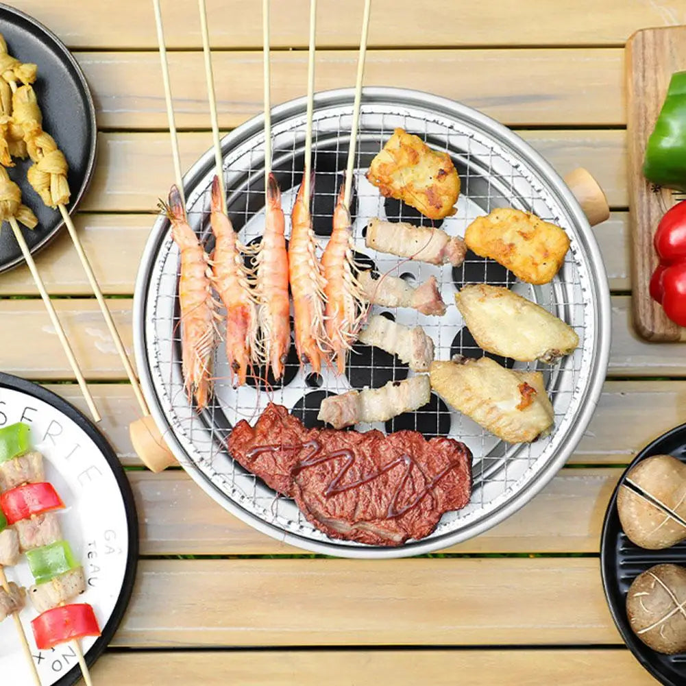 Carvallo Koreansk kolgrill rund | Bärbar BBQ-ugn av järn | 32 × 10 cm | Non-stick grillgaller | För camping och utomhus