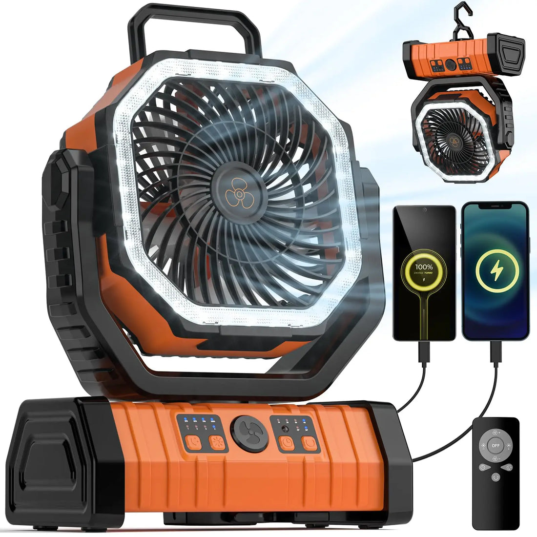 20000mAh uppladdningsbar campingfläkt med LED-lampa och USB-strömbank