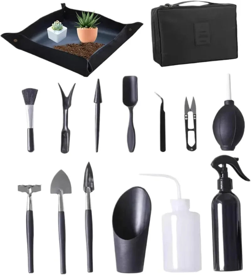 Carvallo MicroGarden Set 15-delat bonsai- &amp; suckulentträdgårdsverktygsset | Med väska &amp; planteringsmatta | För omplantering, beskärning &amp; skötsel