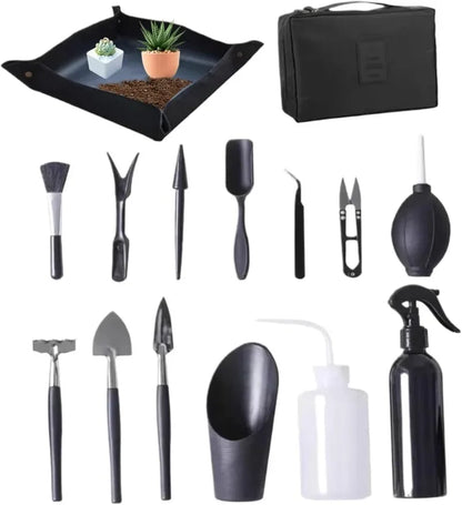 Carvallo MicroGarden Set 15-delat bonsai- &amp; suckulentträdgårdsverktygsset | Med väska &amp; planteringsmatta | För omplantering, beskärning &amp; skötsel