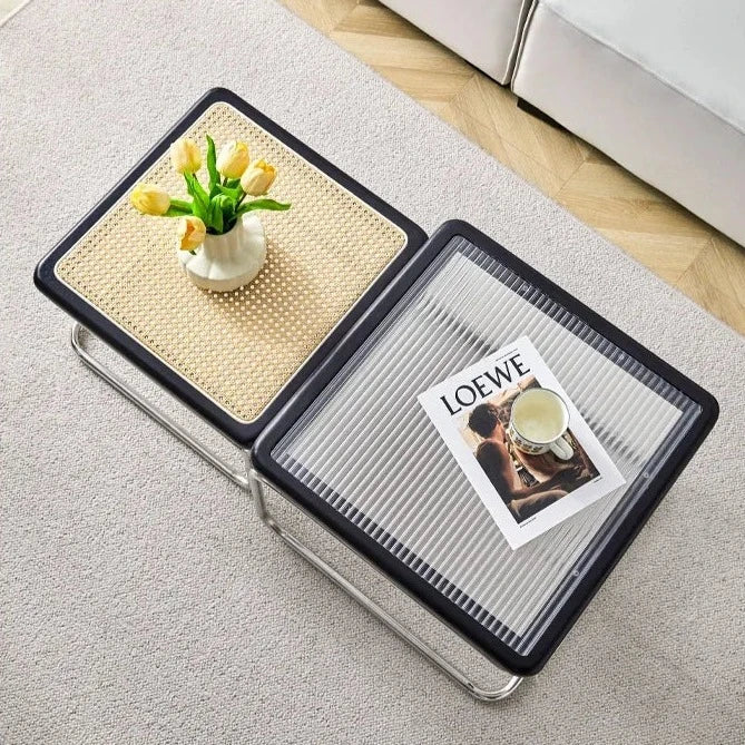 Solvia Cane | Rund soffbord av rotting med glasbordskiva i mid-century stil