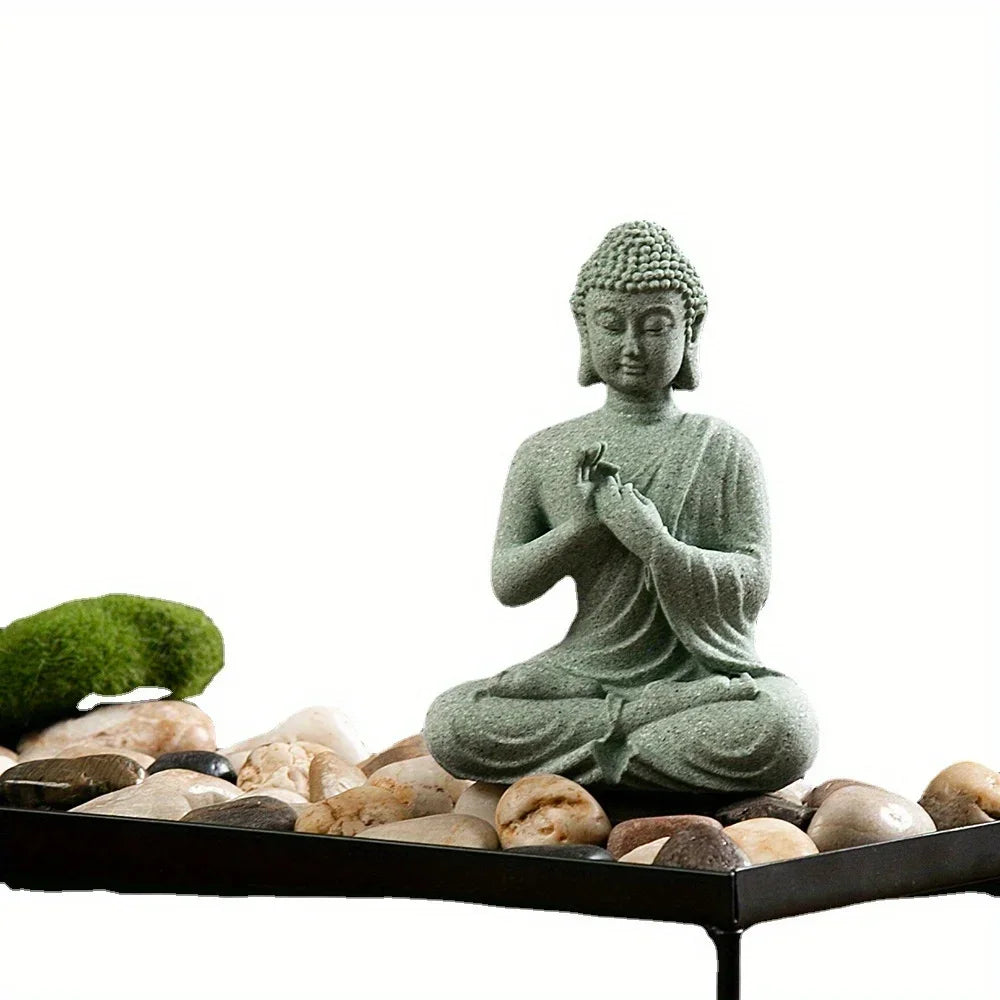 Brunno Figur | Zen-Buddha i grön sandsten för bord och akvarium