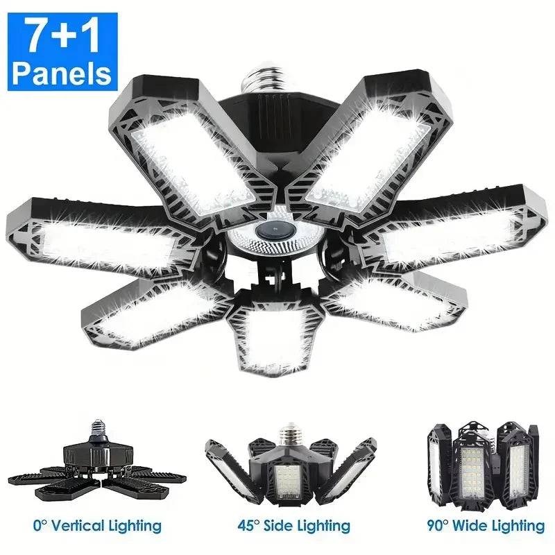 Carvallo LED Garage Lamp | Foldable Ceiling Light with 3–12 Adjustable Panels | E27 Socket | 6500K Daylight – For Workshop, Warehouse & Garage