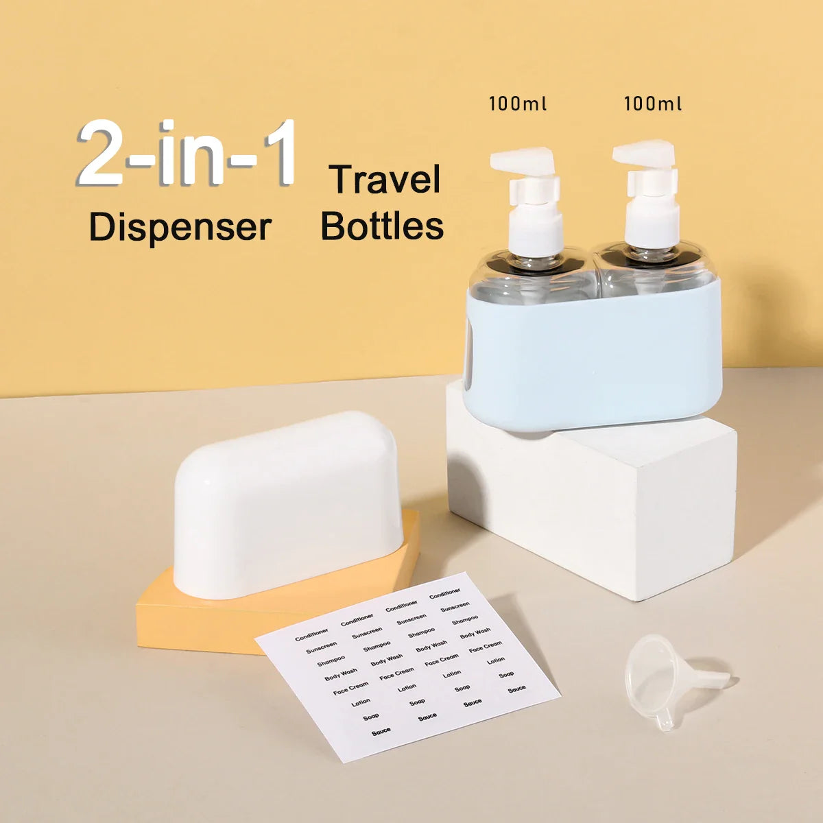 Carvallo Reseflaskor Set 2-i-1 | 100 ml Kombiflaske med tratt & etiketter | För schampo, duschgel, lotion | Läcksäker & TSA-godkänd