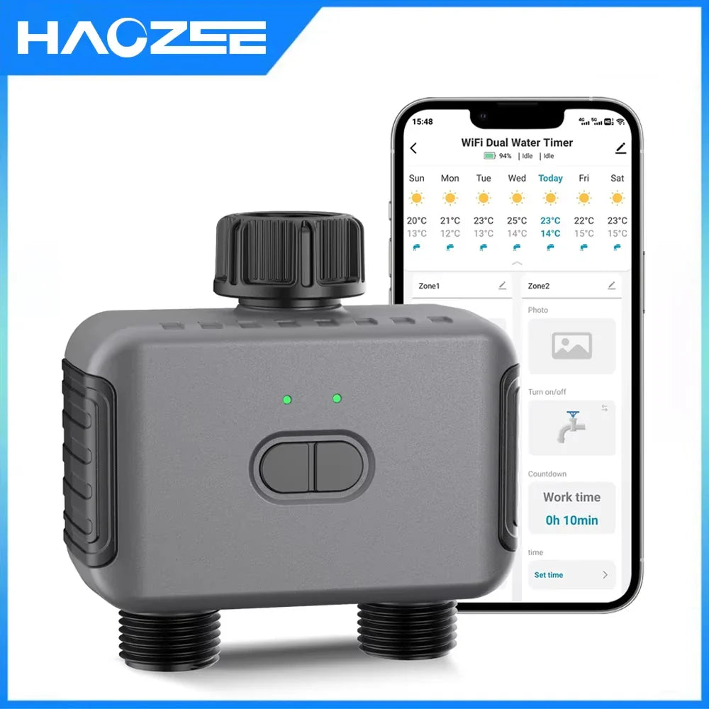 Carvallo Trädgårdsbevattning AquaZeno TwinControl | Zigbee-kompatibel bevattningstimer | 2 zoner, 6 program, regnavbrytare & LCD-display
