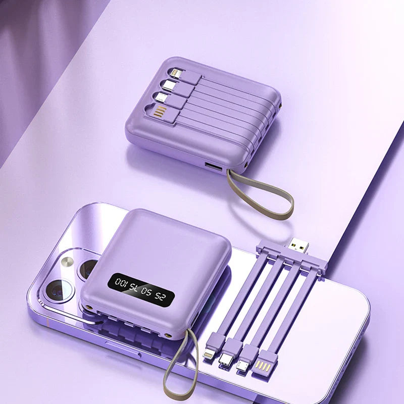 Carvallo-Powerbank med spegeldisplay | 20.000 mAh | Snabb laddningsfunktion & integrerade kablar | För iPhone, Samsung, Xiaomi & mer