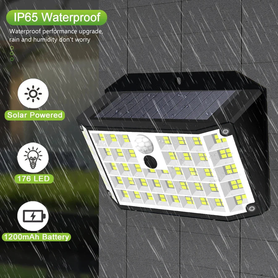 Carvallo MotionLight 176 Solarlampa Utomhus med Rörelsesensor | 176 LEDs | 3 Lägen | IP65 Vattentålig | 3,7V 1W | Svart