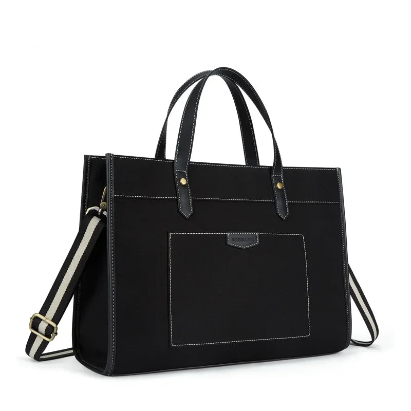 Carvallo Canvas Laptop-väska Dam 15,6 tum | Stor axelväska med fack för kontor, universitet och resor | Stilig handväska med axelremmar och laptopfack