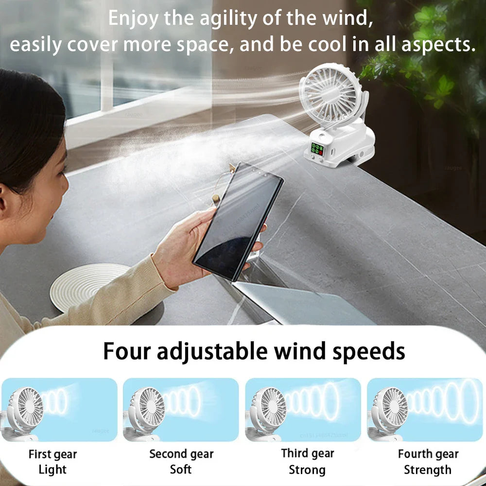 Carvallo Bärbar Sprayfläkt med klipp | 4 hastigheter & 360° roterbar | Mini USB-fläkt med dimma för kontor, bil & camping