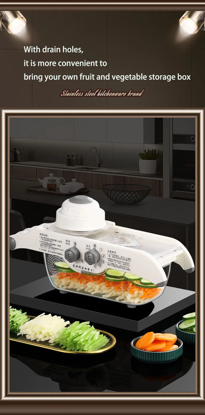 Carvallo Multifunktionell Grönsaksskärare med Uppsamlingbehållare | Citronrivare & Hyvel för Frukt, Potatis & Morötter | Justerbar Blad & Fingerskydd