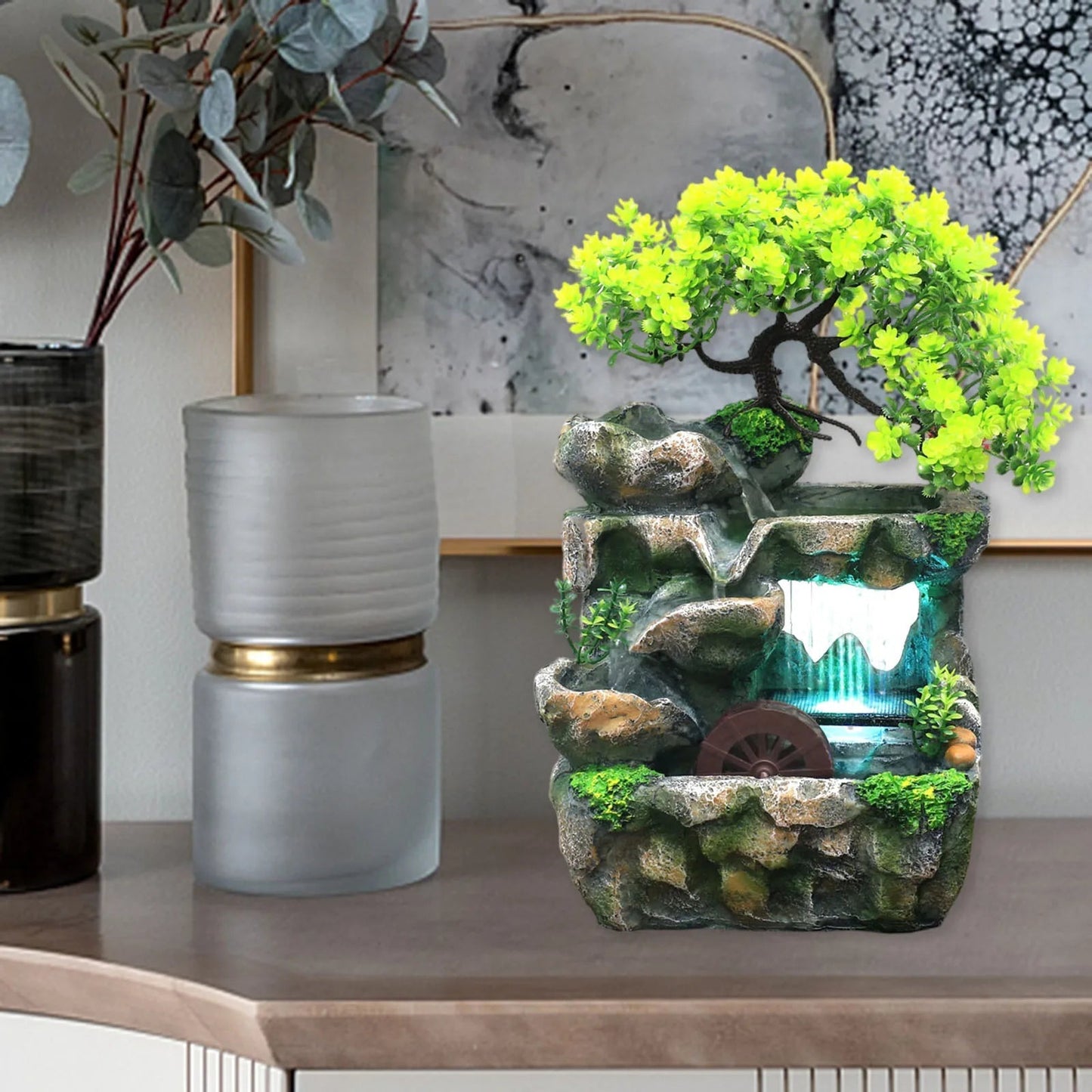 Carvallo – LED-vattenfontän med naturlig Rock and Tree Design