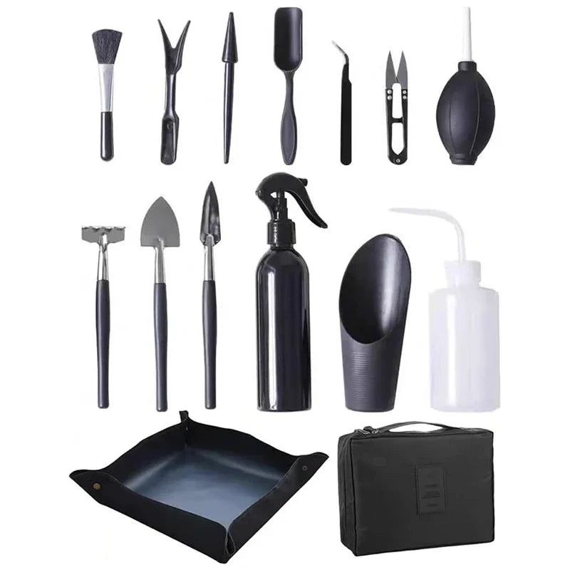 Carvallo MicroGarden Set 15-delat bonsai- & suckulentträdgårdsverktygsset | Med väska & planteringsmatta | För omplantering, beskärning & skötsel