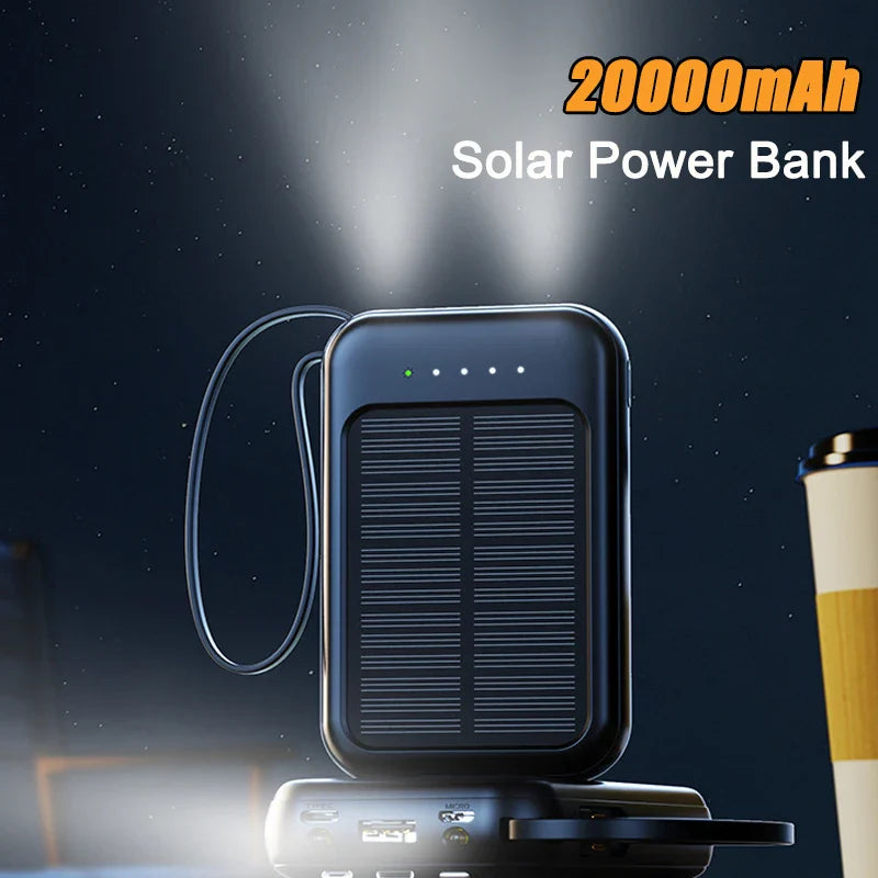 Carvallo-Powerbank Solivon Core 20K | 20.000 mAh | Med integrerade kablar & LED-lampa | För iPhone, Samsung, Xiaomi & mer