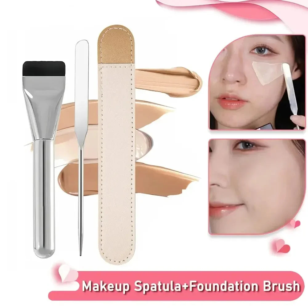 Carvallo Make-up Spatel &amp; Pinsel Set | Rostfritt stål blandningsverktyg med foundation- &amp; konturpensel | Proffs-set för foundation, pigments &amp; krämprodukter
