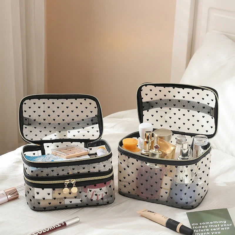 Carvallo TravelMesh kosmetikväska med dubbelfack | Stort volym & dragkedja | Svart & Transparent