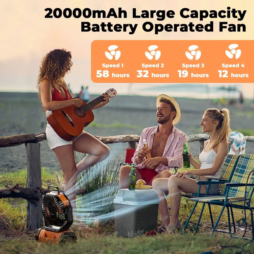 20000mAh uppladdningsbar campingfläkt med LED-lampa och USB-strömbank