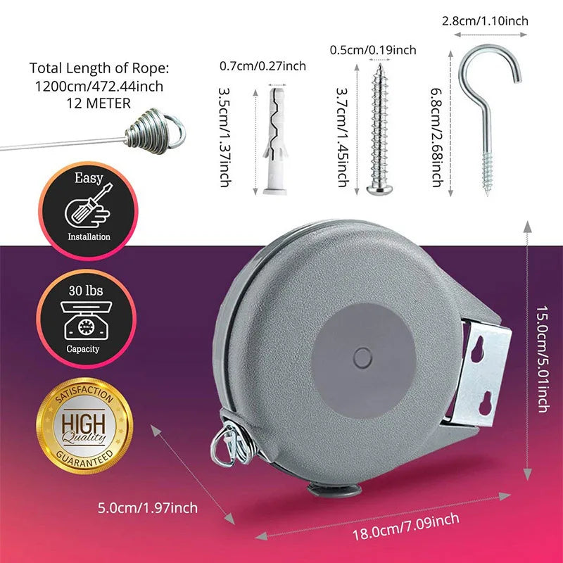 Carvallo Teleskop-tvättlinje | 12 Meter utdragbar tvättlina | Automatisk inrullning | För inomhus & utomhus