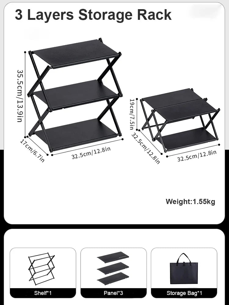 Carvallo Fällbart Campingställ | 3 Nivåer | Bärbart & Stabilt | Utomhus Förvaringshylla för Picknick, BBQ & Camping