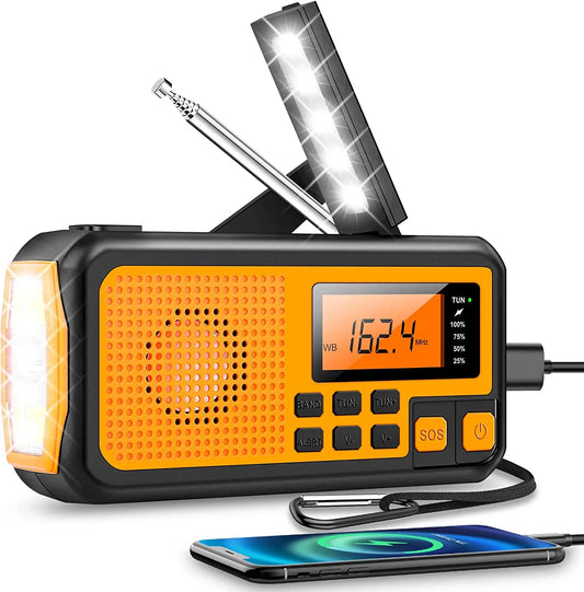 Nödsituation-Radio med vev & sol – Bärbart dynamo-radio med powerbank & LED-ficklampa
