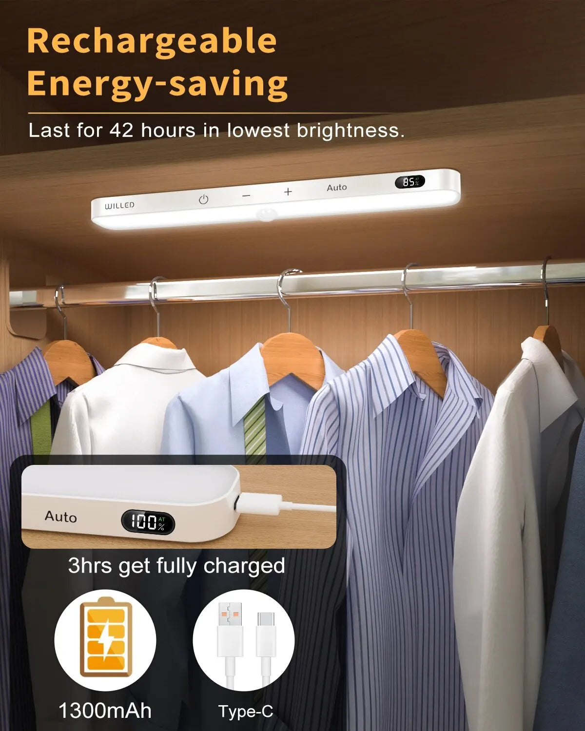 Carvallo LED ljusskena | Med rörelsesensor & batteriindikator | Uppladdningsbar | För skåp, kök & hall