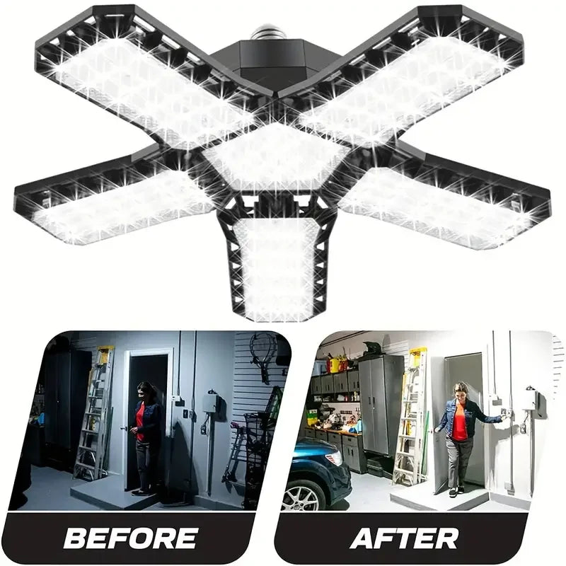 Carvallo LED Garage Lamp | Foldable Ceiling Light with 3–12 Adjustable Panels | E27 Socket | 6500K Daylight – For Workshop, Warehouse & Garage