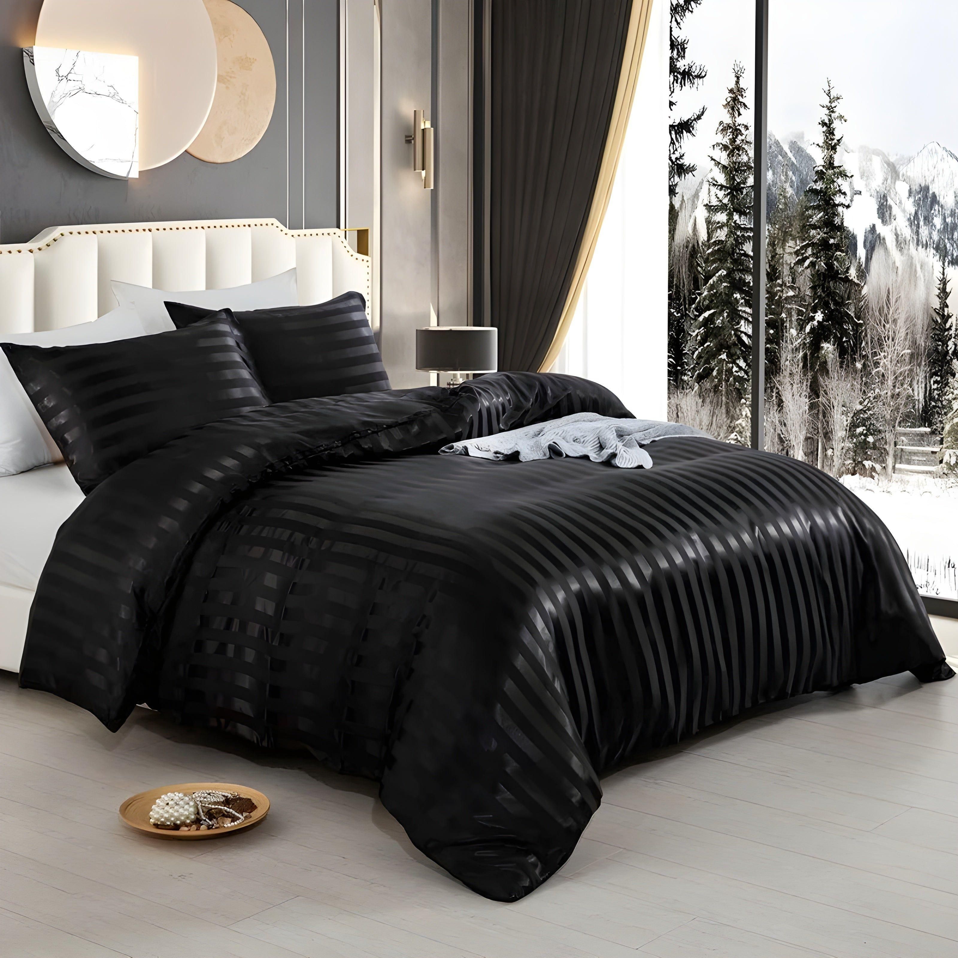 LuxSleep sängkläder set - 3-delat lyxigt randigt sängkläder set [sängkläder med dragkedja, örngott]