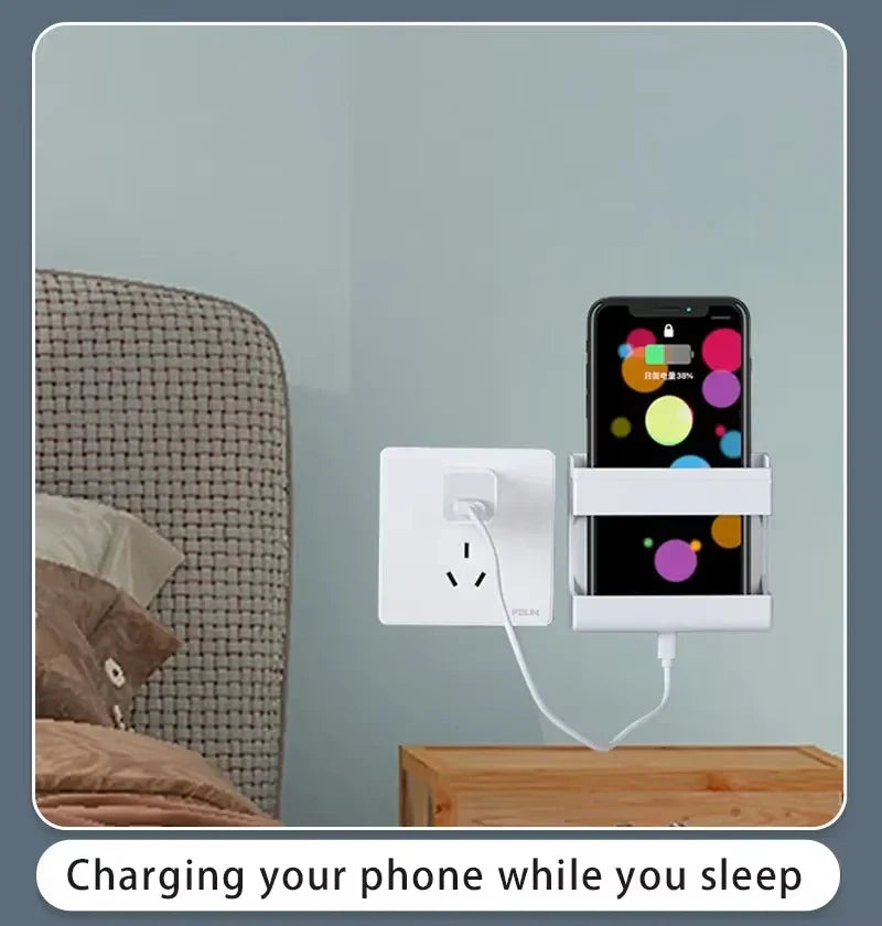 Carvallo FlexMount 2-pack väggfäste mobil- & fjärrkontrollbox | Självhäftande & borrfritt | Med krok & laddkabelöppning | För sovrum & badrum