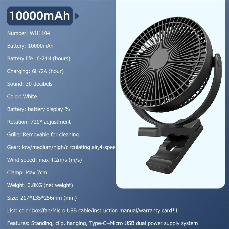 Carvallo Clip-Ventilator med batteri | 10000 mAh | 360° roterbar | Tyst & kraftfull | För bord, hylla & på språng